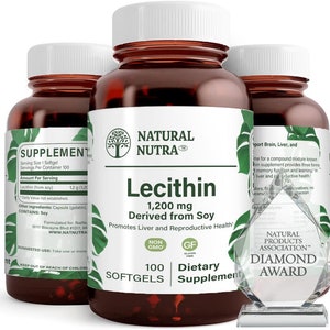 May include: Three brown bottles of Natural Nutra Lecithin softgels, 1,200 mg derived from soy. The bottles have white labels with green accents and a white cap. A diamond award is in the foreground. The product promotes liver and reproductive health.