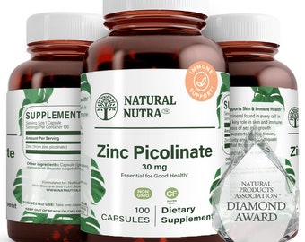 Natural Nutra Zinc Picolinate 30 mg, Double Strength, Raw and Pure, Highly Bioavailable Supplement for Growth, Immune Support Capsules