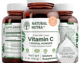 Vitamina C natural en polvo cristalino: suplemento dietético sin gluten.