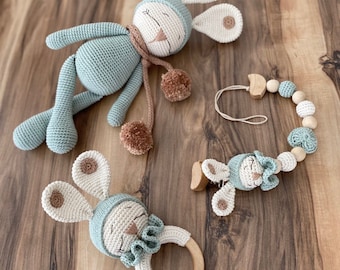 Crochet Baby Rattle and Pacifier Holder Set, Custom Baby Pacifier Clip, Crochet Bunny, Crochet Baby Rattle, Personalized Pacifier Holder,