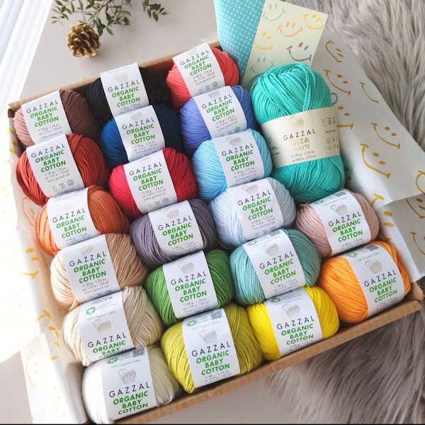 Organic Knitting Yarn, Gazzal Organic Baby Cotton 20 Piece, Amigurumi Yarn, Organic Yarn Gift Box