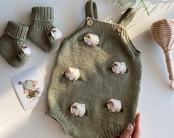 Baby Romper Lamb Set, Baby Photo Shoot, Baby Hat, Organic Baby Clothing, Hand-knitted Baby Romper,lamb booties