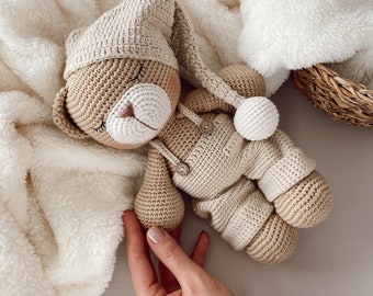Amigurumi Sleepy Teddy Bear, Teddy Bear in Overalls, Hand-knitted Teddy Bear Toy, Birthday Gift