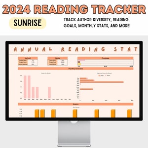 DIGITALE DOWNLOAD 2024 Sunrise Orange Leeslog en statistiekensjabloon: Google Spreadsheets Persoonlijke bibliotheek Dagboek Diversiteit Tracker