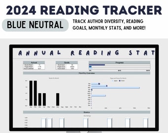 DIGITAL DOWNLOAD 2024 Blue Neutral Reading Log and Stats Template: Google Sheets Personal Library Diary Diversity Tracker