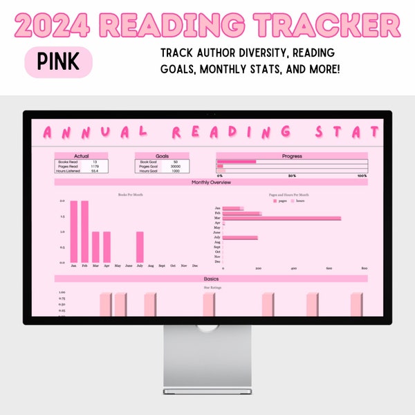 DIGITAL DOWNLOAD 2024 Pink Reading Log and Stats Template: Google Sheets Personal Library Diary Diversity Tracker