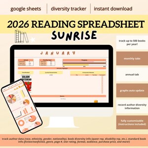 May include: A digital reading spreadsheet titled "2026 Reading Spreadsheet Sunrise" displayed on a computer monitor and a smartphone. The spreadsheet includes sections for tracking books, author diversity, and monthly progress. The design is in shades of peach and white.
