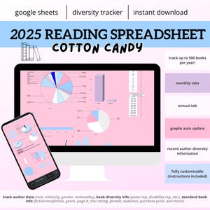 DOWNLOAD DIGITALE 2025 Modello di registro di lettura e statistiche di zucchero filato: Google Fogli Personal Library Diary Diversity Tracker