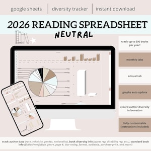 May include: A digital spreadsheet for 2026 reading tracking, displayed on a computer monitor and a smartphone. The spreadsheet includes charts and graphs, with options for monthly and annual tabs, and author diversity information. Text includes "google sheets" and "instant download."