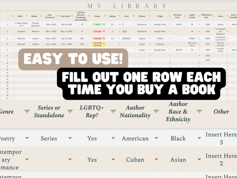 DIGITAL DOWNLOAD My Personal Library Google Sheets Book Reading Diversity Tracker/Spreadsheet Template image 2