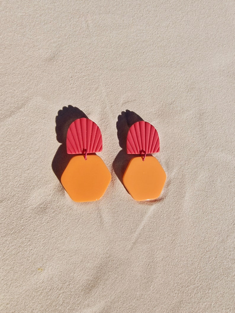 Art Inspired Jewellery, Eco friendly, Statement Earrings for Women, Half moon, Semicircle pendant, Art Deco Bridal Earrings, Modern Bridal Salmon + Coral