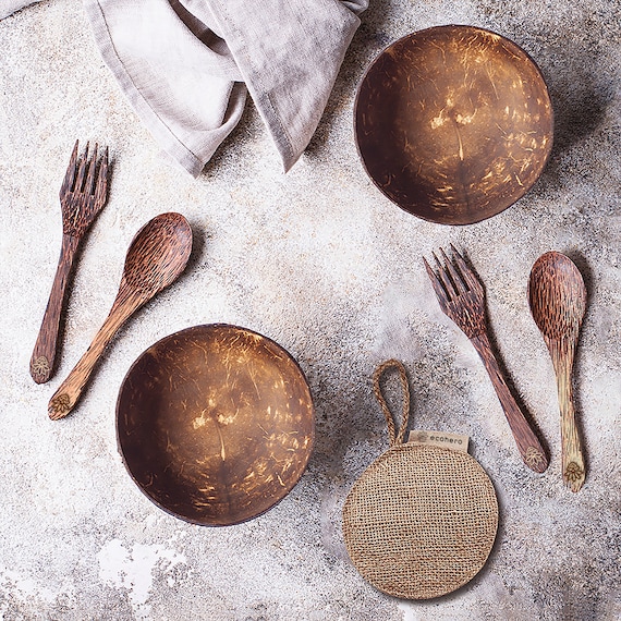 WOODEN BOWL SET, Coconut Spoon, Coconut Shell Vegan Serving Bowl Set Wooden Forks Dish Sponge And Coconut Spoon