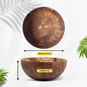 May include: A brown coconut bowl with a diameter of 14 inches and a height of 6 inches. The bowl is made from natural coconut shell and has a rustic, organic look.