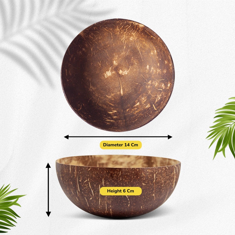 May include: A brown coconut bowl with a diameter of 14 inches and a height of 6 inches. The bowl is made from natural coconut shell and has a rustic, organic look.