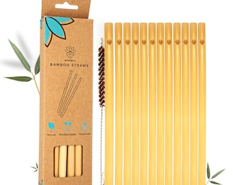NATURAL STRAWS, CLEANING Straw Brush, Custom Smoothies Use Milkshakes Bubble Tea And Cocktails 12 Straws Set, Bamboo Straw Eco Friendly Gift