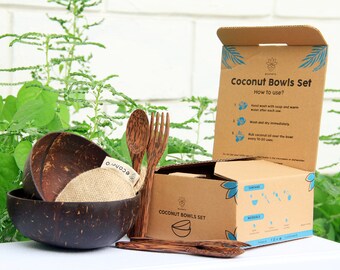 WOODEN UTENSILS, COCONUT Bowls, Eco Friendly 2 Wooden Serving Bowl 2 Forks 2 Spoon And Just Natural Cleaning Sponge, New Home Gift