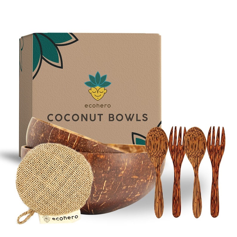 May include: A set of two brown coconut bowls with a brown coconut spoon and a brown scrub brush. The bowls are packaged in a brown box with the text "ecohero COCONUT BOWLS".
