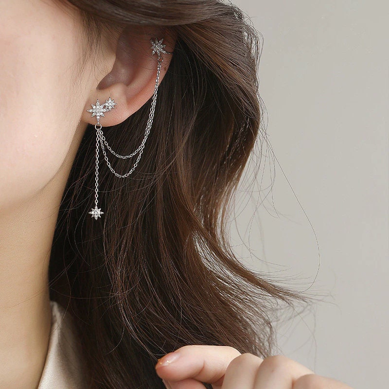 Silver Pave Long Chain Earrings Studs Crystal Star Earrings - Etsy