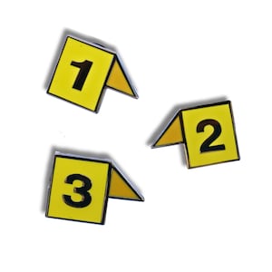 May include: Three yellow metal pins with black numbers 1, 2, and 3. The pins are shaped like a folded piece of paper with a pointed corner.