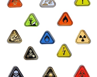 13 Hazard Symbols Hard Enamel Pin Complete set, Science, Chemistry, Biology, lab