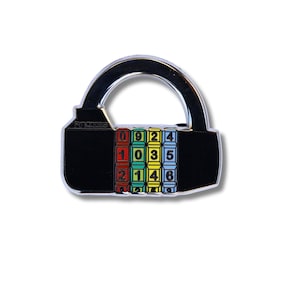 May include: A silver combination padlock with a black body and a colourful number dial. The numbers on the dial are 0, 9, 2, 4, 1, 0, 3, 5, 2, 1, 4, 6. The padlock has the word "PinCodes" printed on the side.