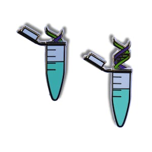 May include: Two silver enamel pins shaped like test tubes with a blue liquid inside. The top of each test tube is open and a green and purple DNA helix is sticking out of the top.