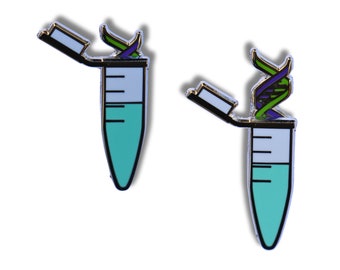 May include: Two silver enamel pins shaped like test tubes with a blue liquid inside. The top of each test tube is open and a green and purple DNA helix is sticking out of the top.