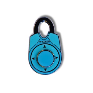 May include: A blue combination lock with a silver finish and the words "PIN CODES" printed on the front. The lock has a circular dial with four directional arrows.