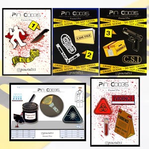 May include: Set of ten enamel pins featuring crime scene and forensic themed designs. The pins are colourful and feature various elements like a bloody footprint, a case file, a gun, a fingerprint powder jar, a magnifying glass, a lab coat, a biohazard symbol, and a test tube. The pins are all labelled with the text "Pin Cod35" and "Enamel Pin".