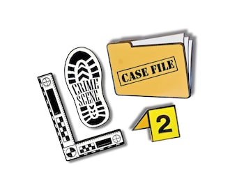 May include: A set of five enamel pins featuring crime scene and detective themed imagery. The pins include a footprint with the words "Crime Scene", a ruler, a file folder with the words "Case File", and a yellow number "2" pin.