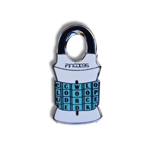 May include: A white metal pin shaped like a padlock with the word "PINCODES" printed on the front. The padlock has a turquoise blue grid with letters printed on each square. The letters spell out "CLOUDWORCEK".