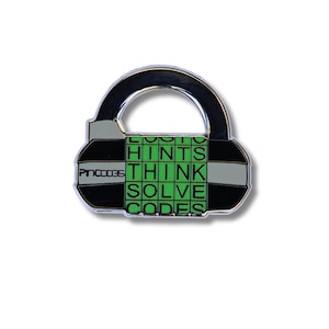 May include: A silver padlock with a green and black design. The padlock has the words "Logic Hints Think Solve Codes" printed on it.