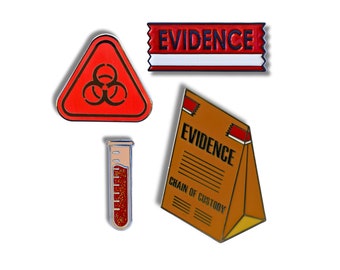 May include: Four enamel pins featuring a biohazard symbol, a test tube, a brown paper bag with the text "EVIDENCE CHAIN OF CUSTODY", and a red and white banner with the text "EVIDENCE".