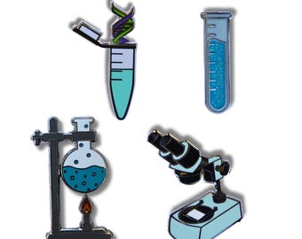 Science Lab Pin Set, 4 Enamel Pins, Microscope, DNA, Test tube, Bunsen Burner