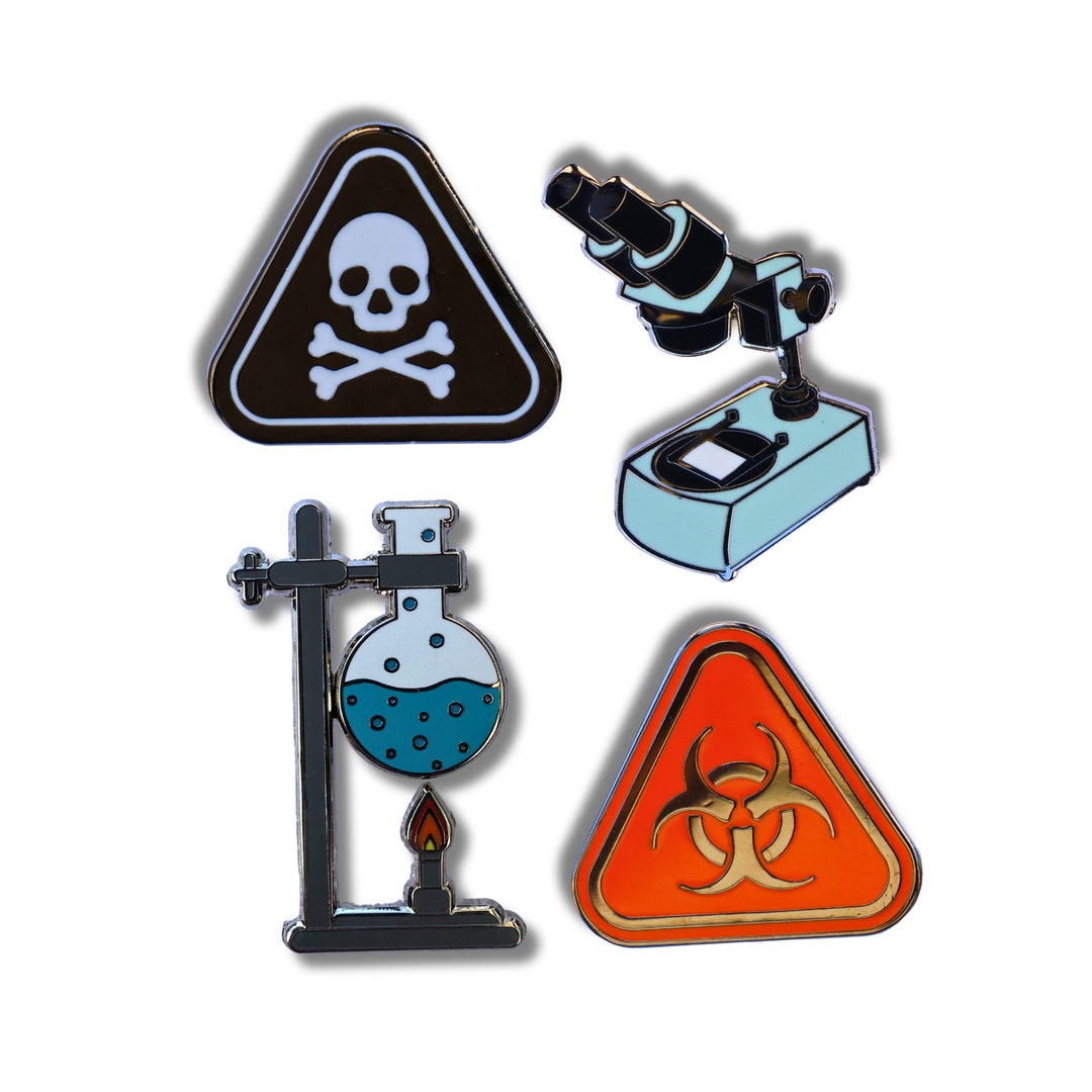 Science Lab Pin Set, 4 Enamel Pins, Microscope, Hazard, Chemistry, Gift