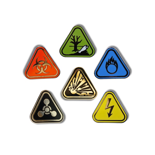 Hazard Symbols Hard Enamel Pin Set 2, Science, Chemistry, Biology, Forensic, lab