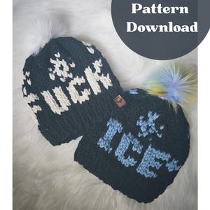 May include: Two black knitted hats with white and blue text that reads "FUCK ICE". Each hat has a fluffy pom-pom on top. The hats are displayed on a white, fluffy surface. Text on the image reads "PDF Pattern Download" and "Fuck ICE Hat".
