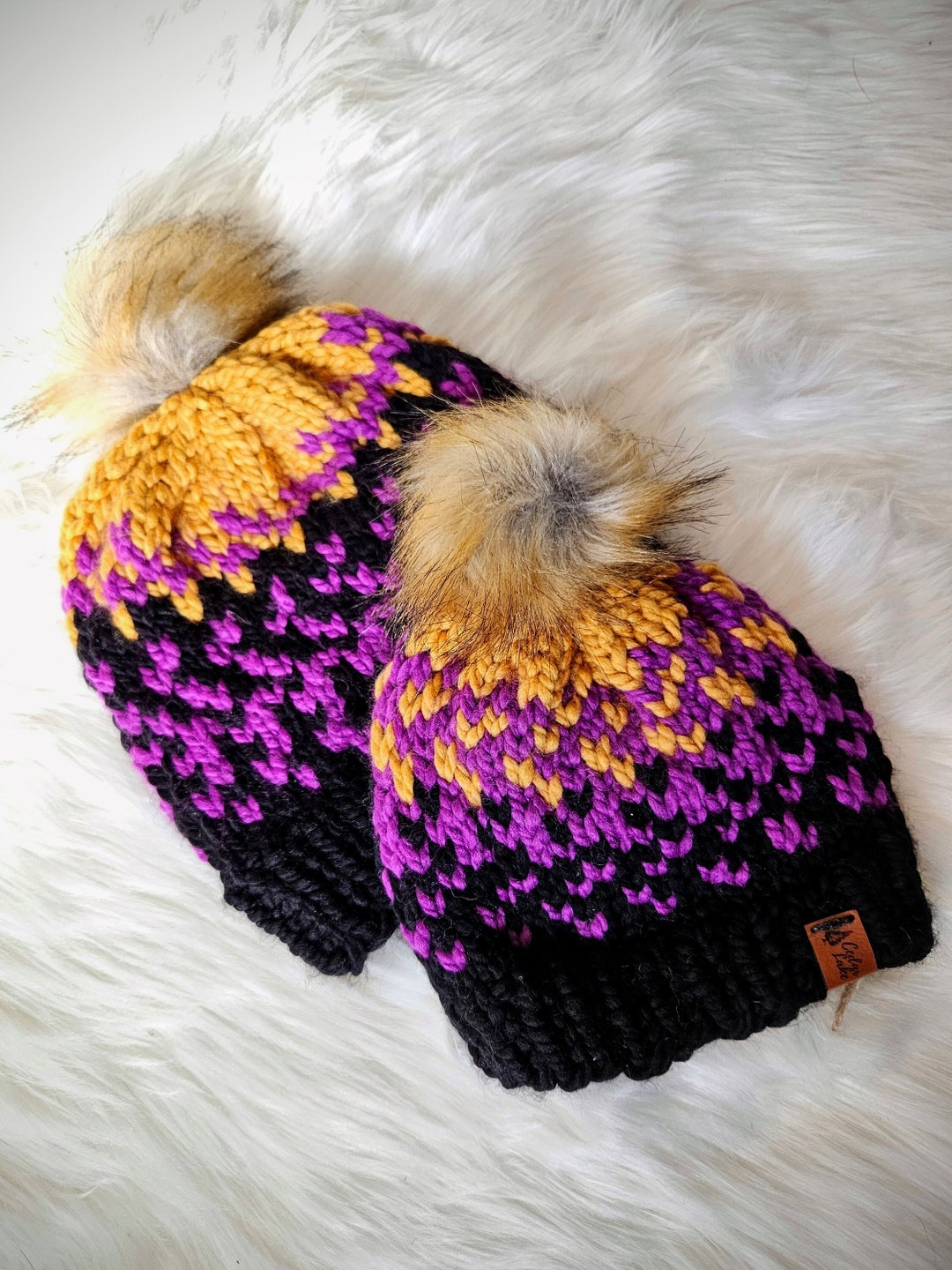Knit Winter Toque Purple Yellow and Black Beanie Halloween Etsy