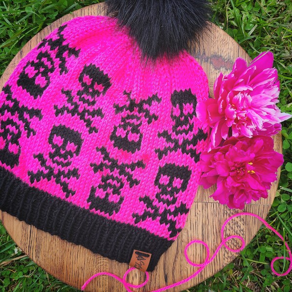 Skull and Crossbones Knit toque | punk spooky beanie hat | neon grunge pastel goth pom pom