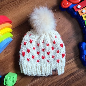 Knit "Minnie" baby girl toque | Valentine's Day gift | winter hearts hat | beanie with faux fur pom pom | women's child's