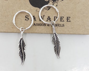 Par de pendientes de aro de plata 925 con plumas para hombre y mujer, estilo bohemio, étnico, punk y rock.