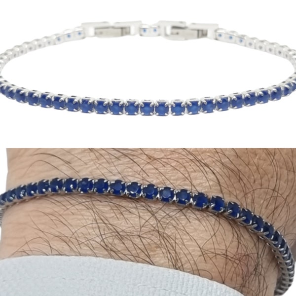 Bracelet tennis homme en acier inoxydable, bracelet femme avec zircons bleus