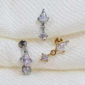 Boucle d'oreille piercing barre, acier inoxydable, labret, tragus, lobe, hélix, cartilage, triangle avec zircon pendant, argent, or