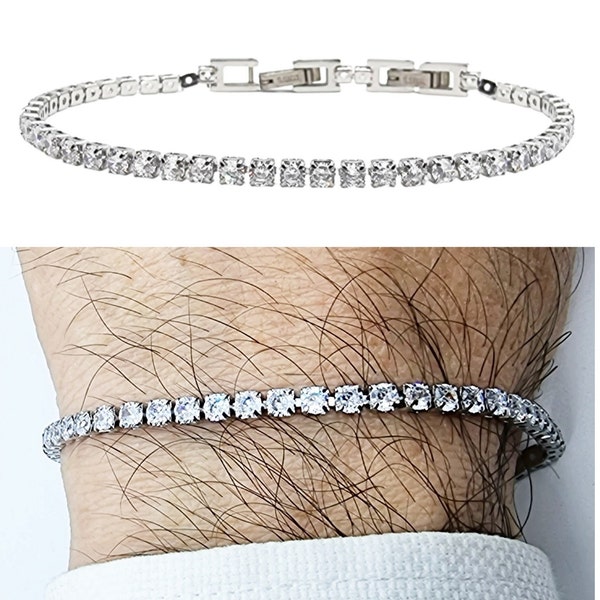 Bracelet tennis homme acier inoxydable, bracelet femme réglable avec zircons blancs