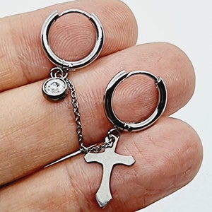 Orecchino con croce due cerchi e catena in acciaio inossidabile, orecchino due cerchi con croce, orecchini a cerchio con croce