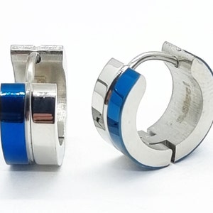 Men&#39;s Hoop Earrings,Silver and Blue Stainless Steel Earrings,6mm Hoop Earrings,Two-Tone Polished Steel Earrings