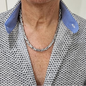 Men&#39;s Byzantine Chain Necklace, 6mm Thick Stainless Steel Chain, 55cm Long Chain, Cuban Link Silver Necklace