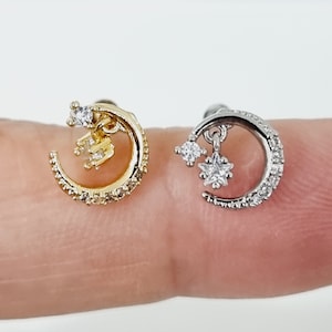 Moon and star piercing earring, cartilage piercing, steel piercing, lobe piercing, moon with zirconia, silver gold earrings
