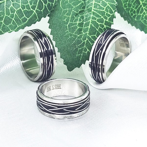 Men's ring in 316 L stainless steel, spinner wind chime band ring, silver and black wedding ring, rotating engagement ring