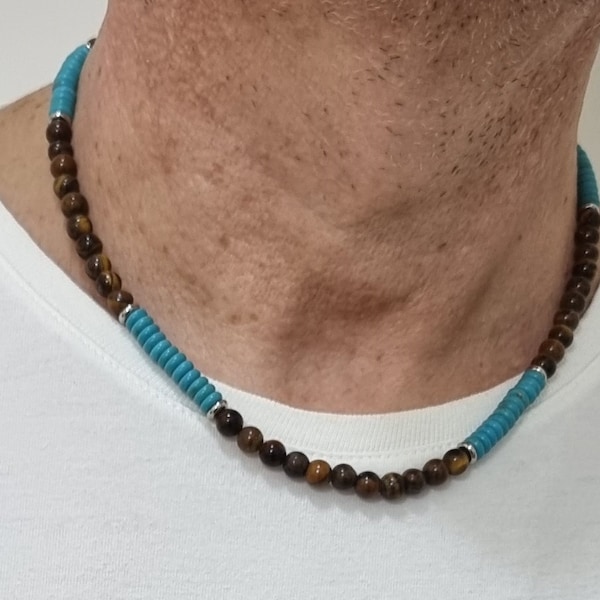 Collana con pietra occhio di tigre e turchese ,collana girocollo con pietre dure da uomo , collana fatta a mano stile boho , collana etnica